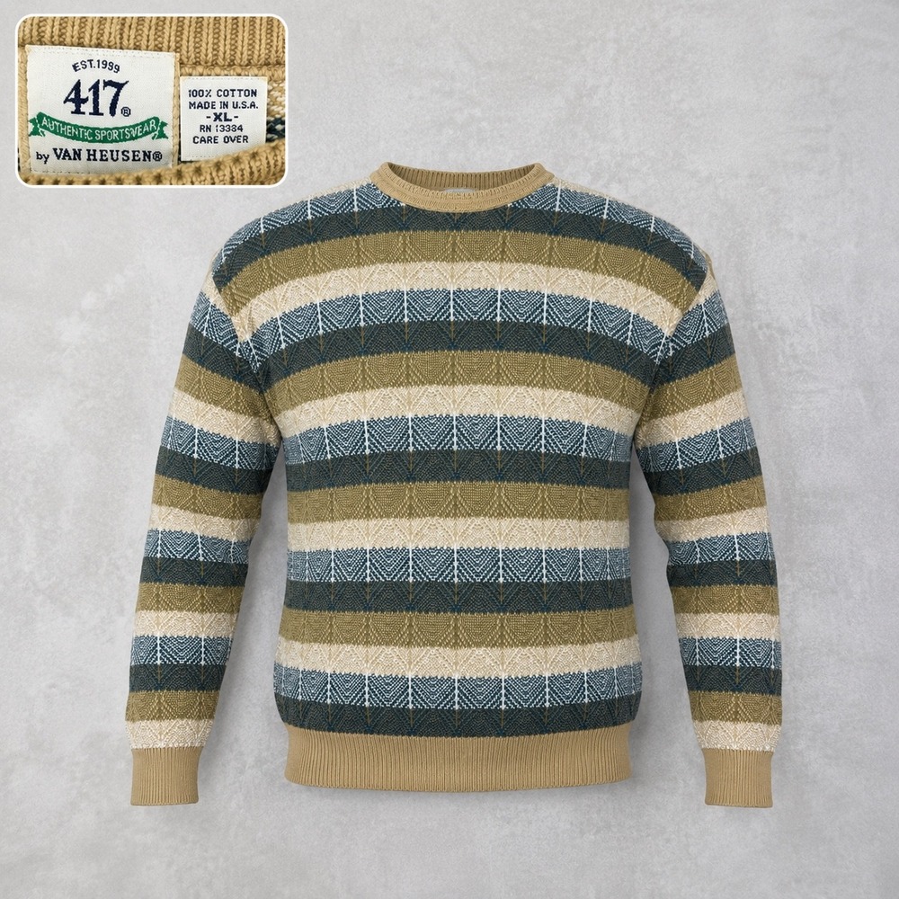 417 Van‎ Heusen Sweater Mens XL Brown Relaxed Knit Striped Vintage 90s Cotton